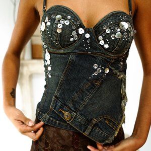 DISTRESSED DENIM AND SEQUIN CAMI TOP